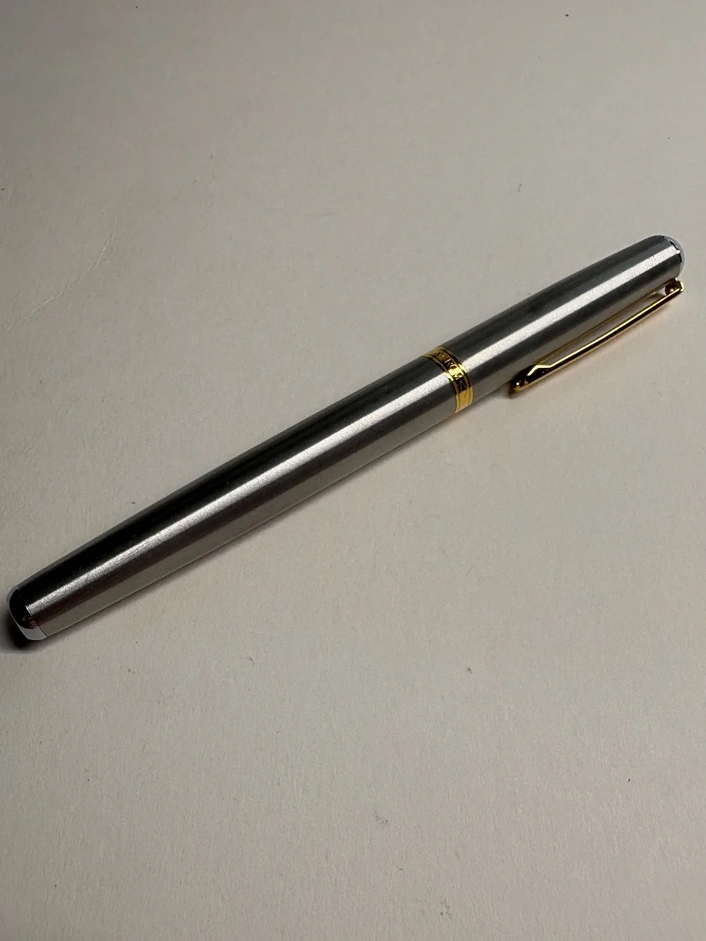 Vintage Inoxcrom Fountain Pen Silver Tone Gold Tone Trim Black Grip Spain